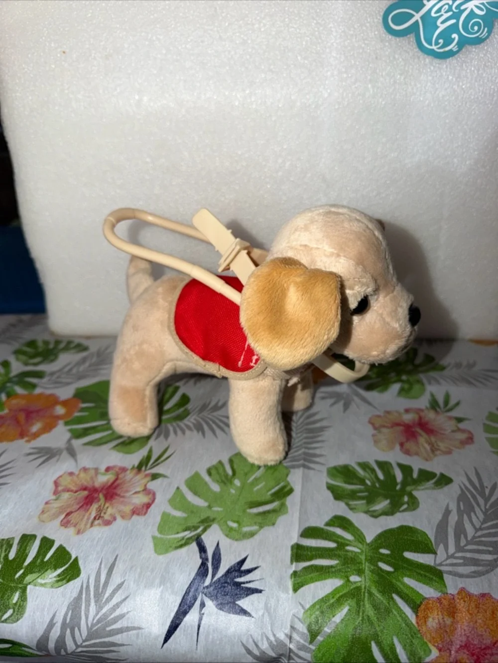 Plush Guide Dog Toy Carrier with Red Vest - Tan
